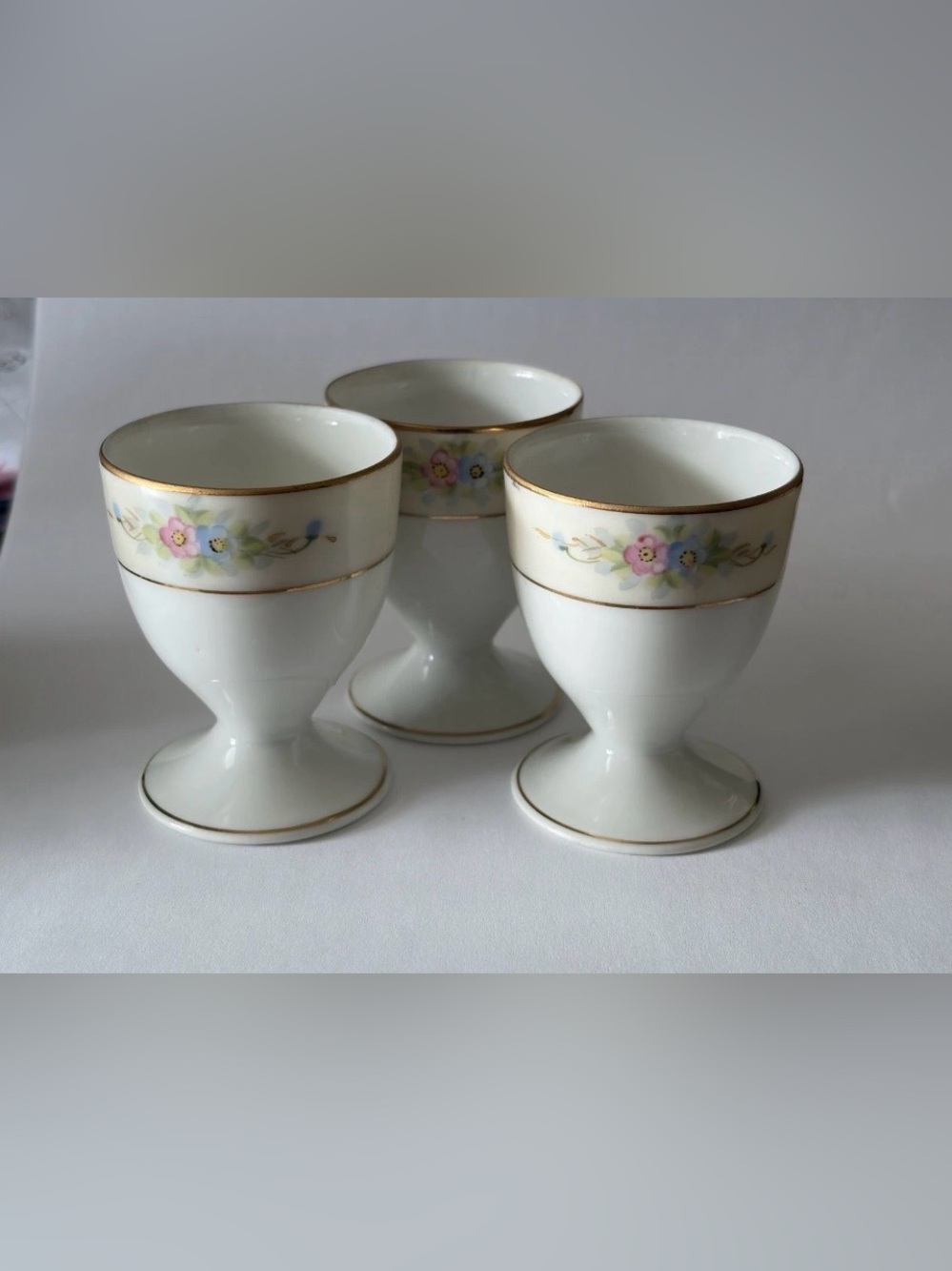 Set Of 3 Noritake Hand-painted Nippon Egg Cup Gold Lined Flowers 2 1/4”